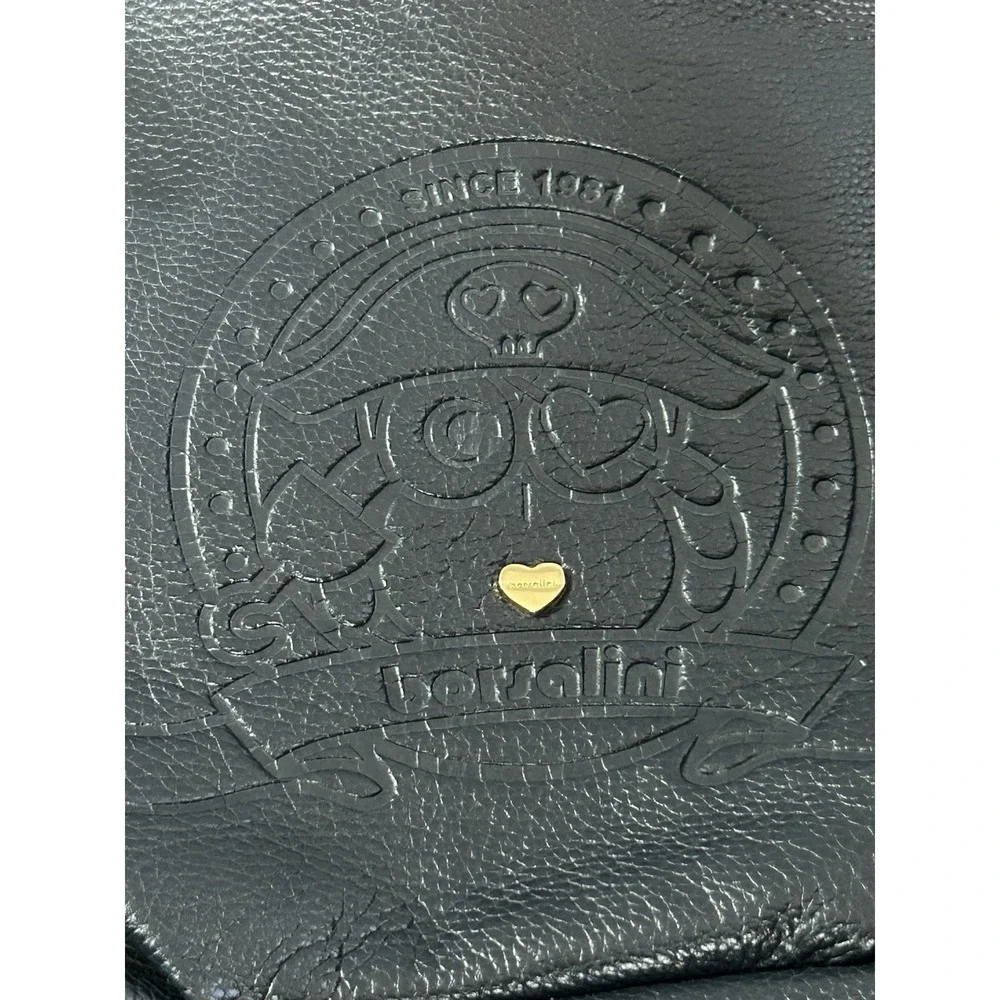 Borzalini black leather hobo bag Embossed Owl On Front Medium Size Gold Hardware